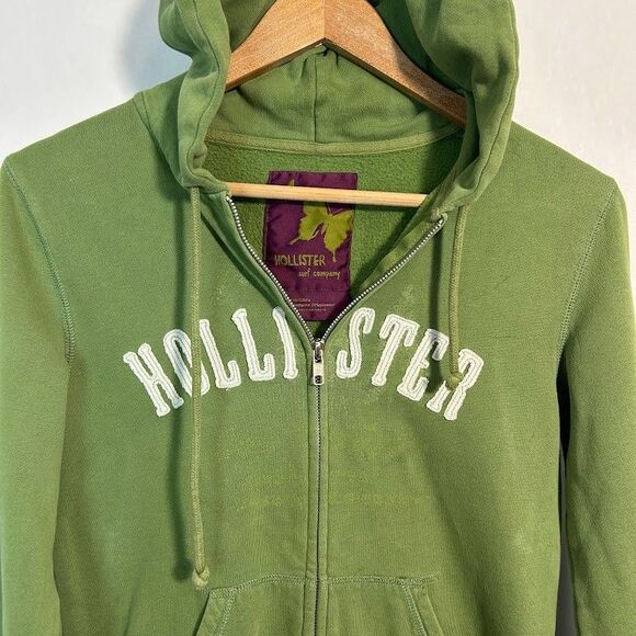 Y2K Hollister Zip Up Hoodie L Green Logo Spellout Surf 2000s Laguna Beach - Picture 4 of 9